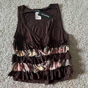 NWT: Sassybling brand unique brown vest with multi colored ruffles on front OSFA